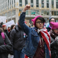 Pussy hat, American flag, Strong and Proud