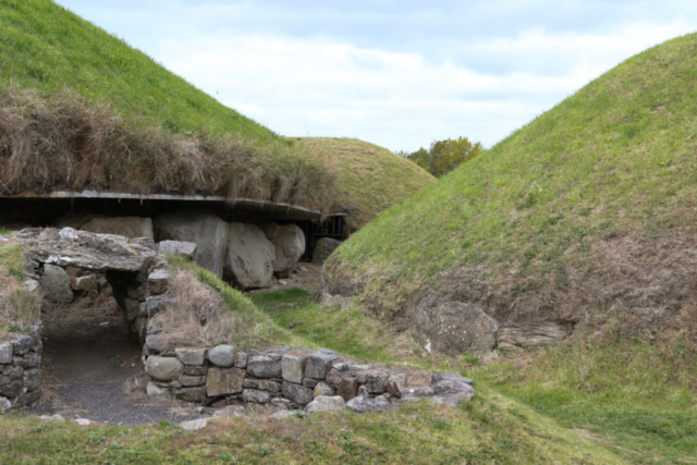 Tomb mounds, closely placed, ringed by inscribed boulders