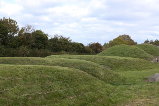 long view, five rolling  grassy tomb mounds, backed by leafy trees, blue skies