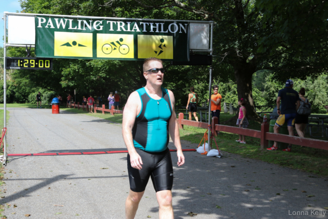 Pawling Triathlon Finisher black and teal shirt, shades