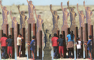 statue of liberty postcard boarder wall people blocked