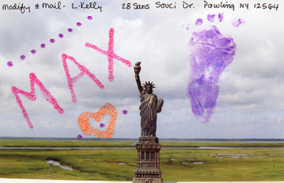 Liberty Postcard with text MAX and Max's footprint in purple ink