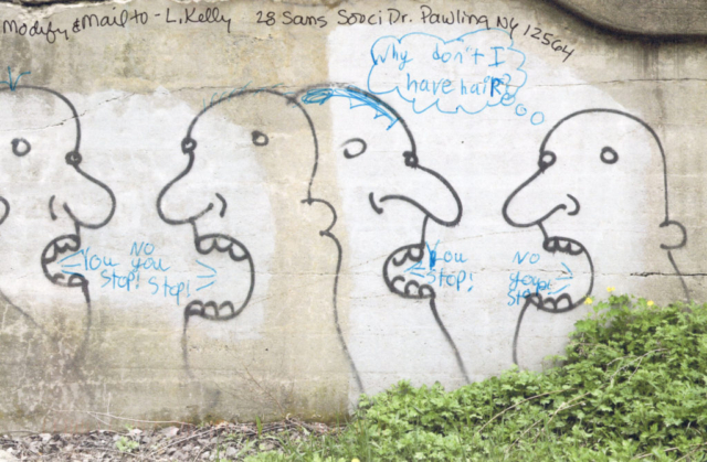 four talking heads street art saying each other Stop! No, You Stop and Why don't I have hair