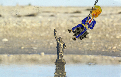 Liberty Postcard Trump swinging toward it on wrecking ball