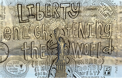 statue of liberty postcard Liberty enlightening the world black pen artwork