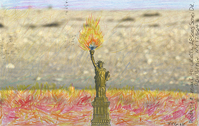 statue of liberty postcard fire at base and spurting our of torch