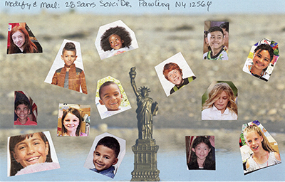 Statue of Liberty with 14 diverse childrens faces pasted on