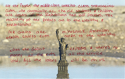 Liberty Postcard with message about the damages of Republican tax break for wealthy