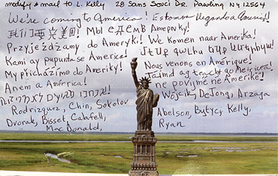 Liberty Postcard with text We're coming to America in many languages