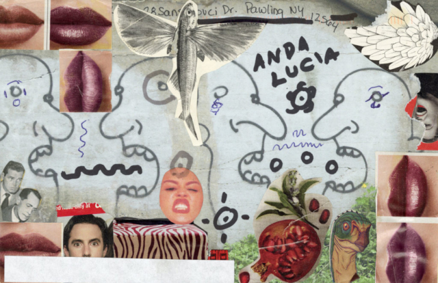 street art with four heads postcard text Anda Lucia, lips, fish, heads pasted on