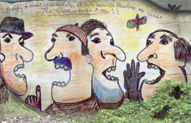street art with four heads postcard, 2 wearing hat, 1 balding, 1 curly hair, hands addded adn birds