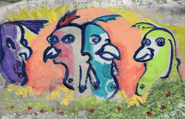 street art with four heads postcard vibranted painted as birds