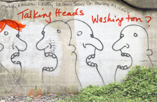 street art with four heads postcard orange hair and talking heads Washington added