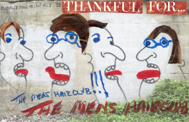 street art with four heads postcard, hair, tongues added and thankful for the mens hair club