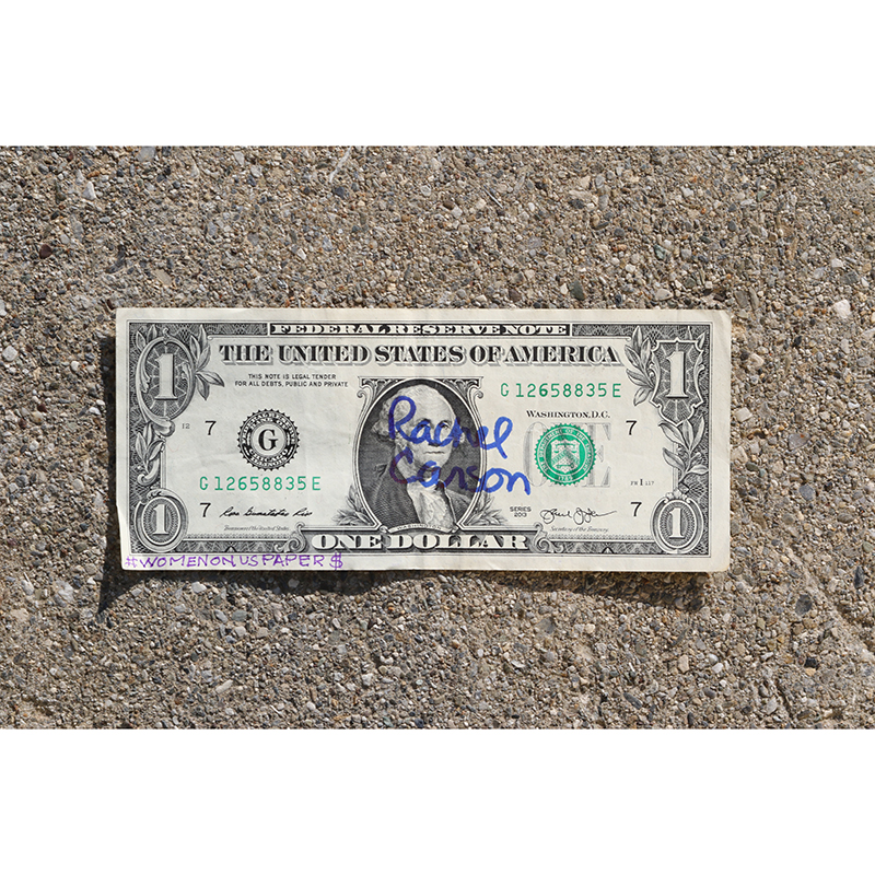 rachel carson written in blue on one dollar bill