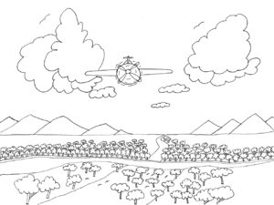 sketch of prop airplane over tree filled valley, mountains in background big clouds in sky
