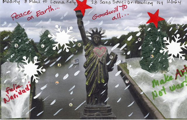 Liberty with glitter on robe snow falling christmas trees Peace on Earth Good Will to all Felix Navidad