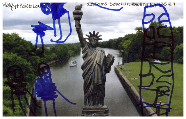 Blue drawings and doodles surround statue of liberty