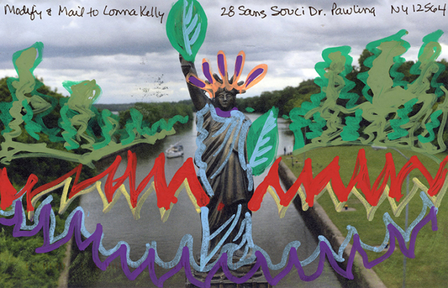 Statue of Liberty over painted holding a leafy torch and book