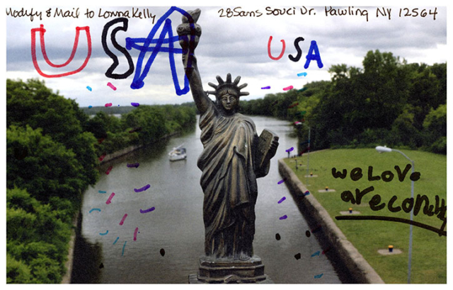Liberty with Erie Canal behind her text added USA We love are country