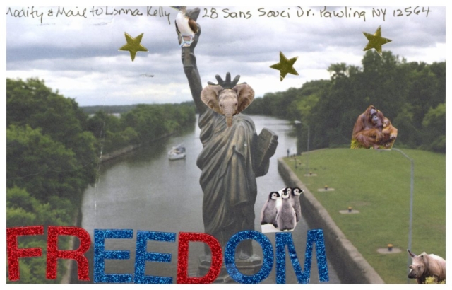 Liberty with large sequin letters FREEDOM and elephand, ape, riino and other animals pasted on