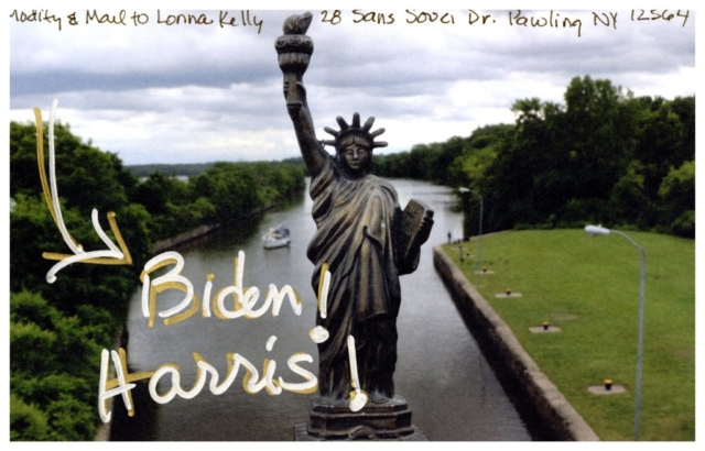 Liberty at lock seven erie canal with big arrow pointing to text Biden! Harris!