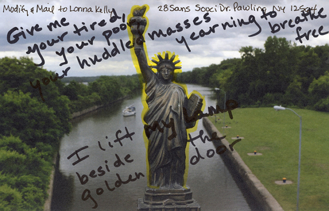 Statue of Library outlined in yellow text give my your tired your poor your huddled masses yearning to breath free I lift my lamb beside the golden door