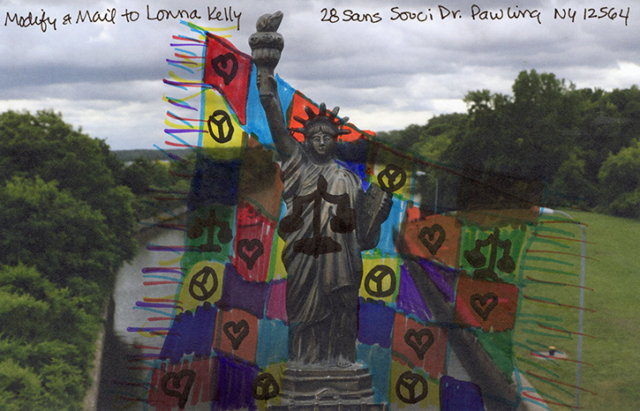 Liberty with scales of justice and quilted blanket wit hearts, scales and peace signs in squares