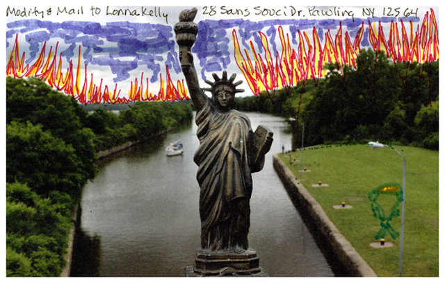 Statue of Liberty at the Erie Canal with the sky on fire behind her