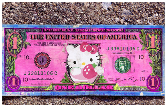 dollar bill with Pastel pink and kitty replacing Washington