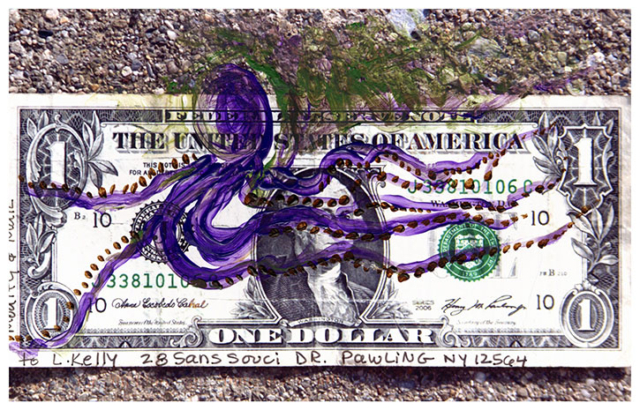 dollar bill with purple octopus whose tentacled obscure Washingtons face