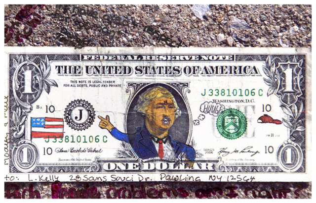 dollar bill with trump as Washington with arms out and speech bubble huuge