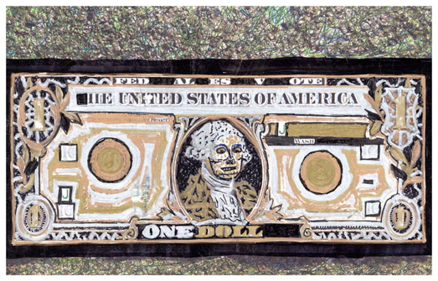dollar bill over drawn with gold and silver text modified to  He United States of America and One Doll
