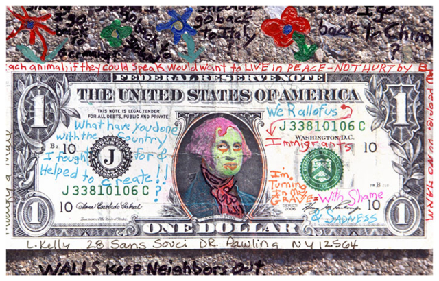 Dollar bill with text what have you done with the country I fought for and helped to create