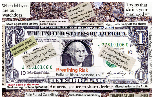 dollar bill with text environmental warnings including I worry when we choose money over the environment