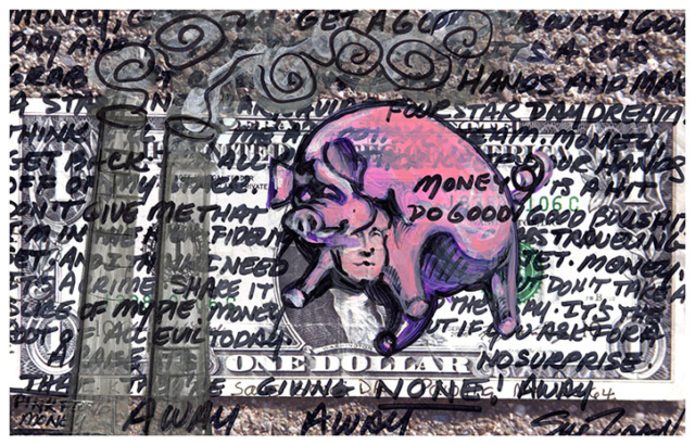 Dollar bill big pink pig surrounds Washingtons face text from Pink Floyd