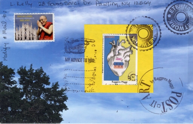 Tree of life in bottom left corner stamp with Dalai Lama above image of heart on another stamp with yellow and blue background with text Urgent Stop War