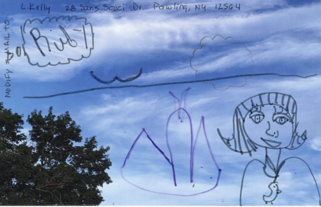 top of tree in bottom left childs drawing of woman with duck necklace and text Ruby
