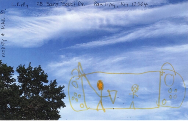top of tree in bottom left child's yellow line drawing of two stick figures  inside a rectangle