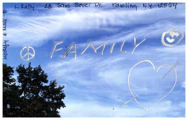 text Family and hearts, peace sign drawn on