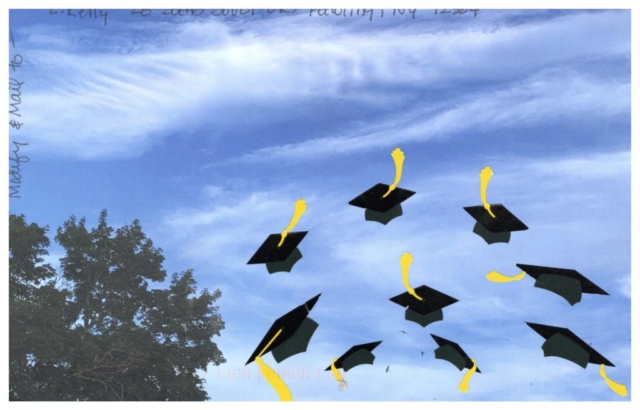 nine mortarboards (graduation hats) with tassels floating in the air