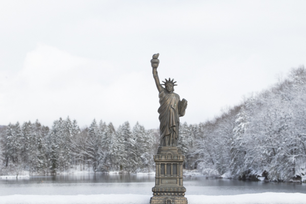 Liberty with ice lake and snow covered trees