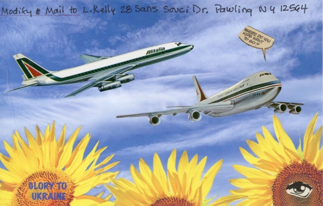 two large passenger planes and text "where do your kids want to go?"  in blue sky over yellow sunflowers