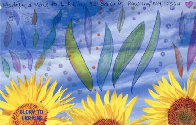 colorful plumes and circles resembling an undersea scene  in blue sky over yellow sunflowers