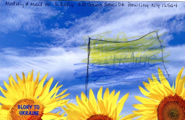Ukraine flag in blue and yellow n blue sky with drifting clouds over yellow sunflowers