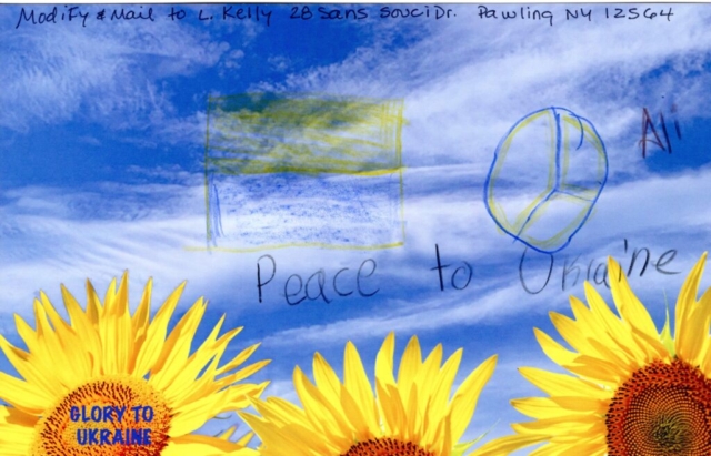 blue and yellow Ukrainian flag and peace sign with text peace to ukraine  in blue sky over yellow sunflowers
