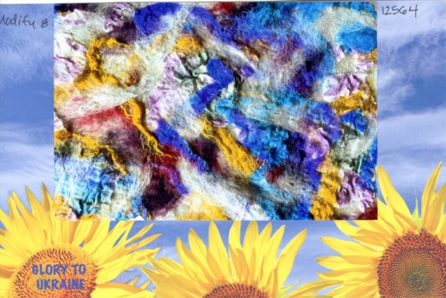 felted artwork superimposed  in blue sky over yellow sunflowers