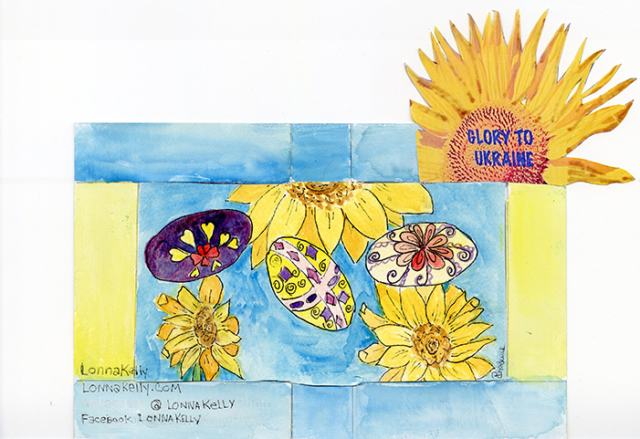 blue and yellow border on reconstructed card surrounds middle block with colorful eggs and yellow sunflowers large sunflower with Glory to Ukraine added to top right