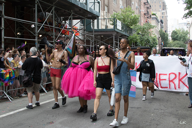 line of four diverse people one wearing a vibrant pink dress with very full skirt