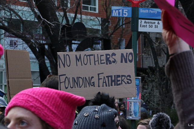 person in foreground in pussy hat in background cardboard sign reading no mothers, no founding fathers